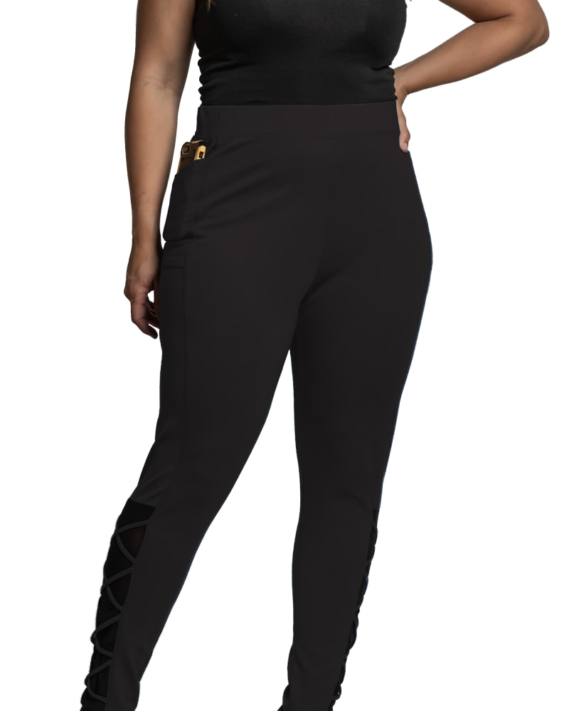 Front of a model wearing a size 1X Grace Interlaced Mesh Ponte Leggings in Black by Standards & Practices. | dia_product_style_image_id:238932
